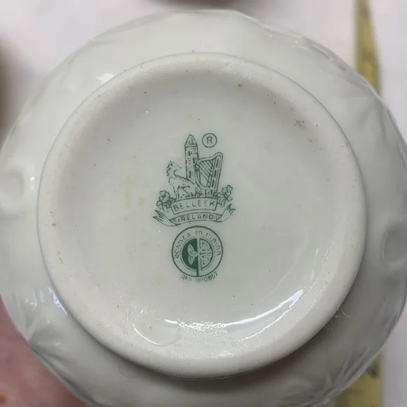 Vintage Belleek Ireland porcelain cream green shamrock vase cream & sugar set.